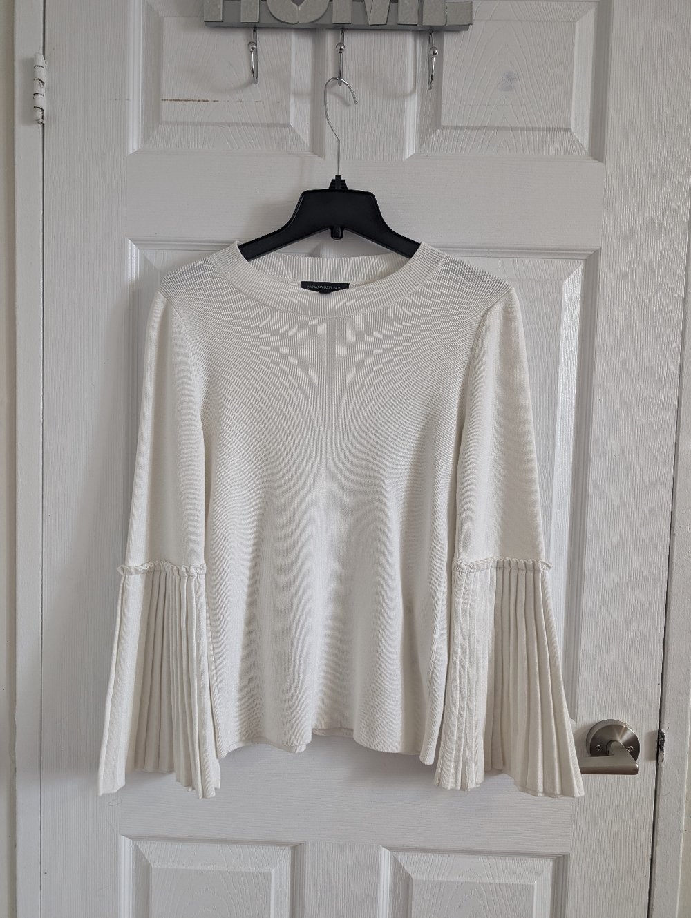 Banana Republic White Ribbed Knit Bell Sleeve Cotton Sweater Boho Chic Office L